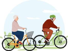 actif grands-parents balade une vélo. personnes âgées couple dépenser temps ensemble en plein air. dessin animé actif Sénior gens équitation vélo, en bonne santé mode de vie plat dessin animé illustration isolé sur blanc vecteur