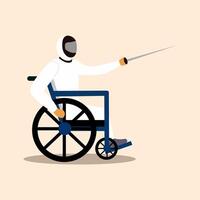 dessin animé illustration de une la personne en utilisant une fauteuil roulant en jouant escrime. para athlète paralympique para escrime. vecteur