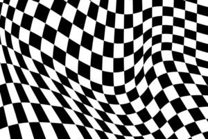 psychédélique modèle avec voilé noir et blanc carrés. déformé course drapeau texture. à carreaux optique illusion. ondulé échecs planche Contexte. trippant damier surface. vecteur