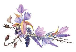 main tiré aquarelle illustration minable boho botanique fleurs feuilles. crocus Safran Rose hanche véronique lavande baies. composition isolé sur blanc Contexte. conception mariage, floral boutique, cartes vecteur