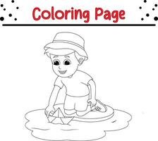 garçon en jouant avec papier bateau l'eau coloration page pour des gamins et adultes vecteur