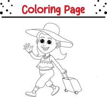 mignonne fille en voyageant porter valise agitant coloration page pour enfants. noir et blanc illustration pour coloration livre vecteur