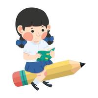 enfant fille étudiant en train de lire une livre sur crayon vecteur