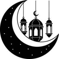 noir silhouette de une islamique mosquée et croissant avec lanternes vecteur