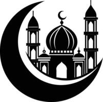 une noir et blanc silhouette de une mosquée avec une croissant lune vecteur