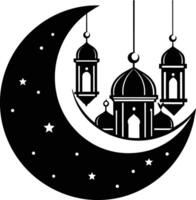 noir silhouette de une islamique mosquée et croissant avec lanternes vecteur