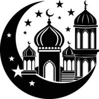 une noir et blanc silhouette de une mosquée avec une croissant lune vecteur