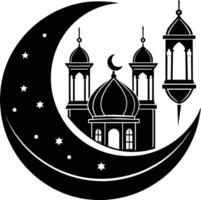 noir silhouette de une islamique mosquée et croissant avec lanternes vecteur