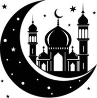 une noir et blanc silhouette de une mosquée avec une croissant lune vecteur