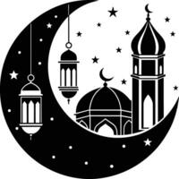 noir silhouette de une islamique mosquée et croissant avec lanternes vecteur