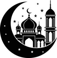 une noir et blanc silhouette de une mosquée avec une croissant lune vecteur