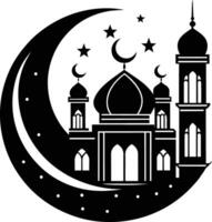 une noir et blanc silhouette de une mosquée avec une croissant lune vecteur