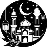 une noir et blanc silhouette de une mosquée avec une croissant lune vecteur