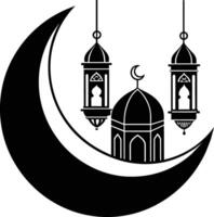 noir silhouette de une islamique mosquée et croissant avec lanternes vecteur