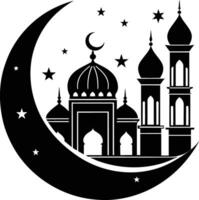 une noir et blanc silhouette de une mosquée avec une croissant lune vecteur