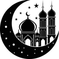 une noir et blanc silhouette de une mosquée avec une croissant lune vecteur