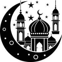 une noir et blanc silhouette de une mosquée avec une croissant lune vecteur