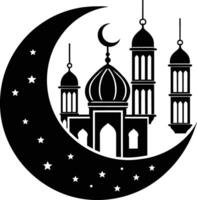 une noir et blanc silhouette de une mosquée avec une croissant lune vecteur