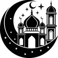 une noir et blanc silhouette de une mosquée avec une croissant lune vecteur