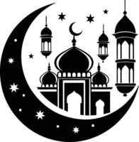 une noir et blanc silhouette de une mosquée avec une croissant lune vecteur