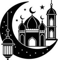 une noir et blanc silhouette de une mosquée avec une croissant lune vecteur