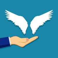 une main en portant une blanc ange aile sur une bleu Contexte vecteur
