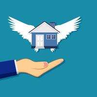 une main en portant une maison avec ailes et une bleu Contexte vecteur
