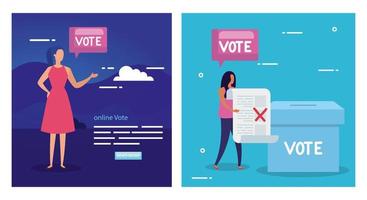 définir une affiche de vote avec des femmes d'affaires et des icônes vecteur
