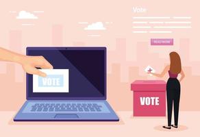 affiche de vote avec femme d'affaires et ordinateur portable vecteur