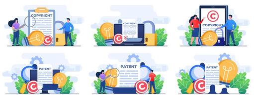 ensemble de plat des illustrations brevet loi droits d'auteur, droits d'auteur réservé, breveté protection, intellectuel propriété, droits d'auteur symbole, électronique légal document, numérique loi vecteur