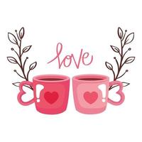tasses de café avec des lettres d'amour et des feuilles vecteur