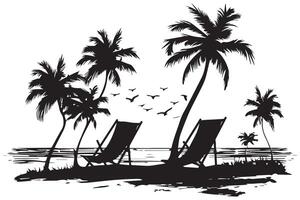 été scène avec une plage chaise avec petit paume des arbres, et sunbird plage temps, été vacances noir silhouette blanc Contexte vecteur