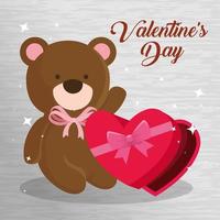 joyeuse carte de saint valentin avec ours et coffret cadeau vecteur