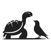une tortue avec une oiseau illustration dans noir et blanc vecteur