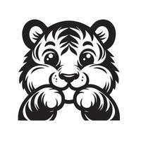 tigre logo - une timide tigre visage illustration dans noir et blanc vecteur