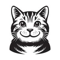 chat logo - américain cheveux courts chat souriant visage dans noir et blanc vecteur