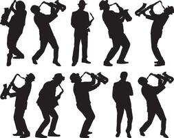 saxophone joueurs silhouette sur blanc Contexte vecteur