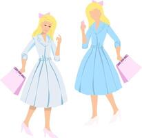 glamour femme dans robe d'été achats. dans le les filles main est une sac avec achats et une téléphone intelligent. illustration blond dans une bleu robe avec kobluks. Facile image sans pour autant griffonnage ombres vecteur