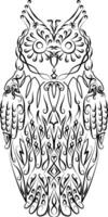 tordu hibou ornement décoré avec vigne boucles mosaïque de différent symboles. illustration hibou logo abstrait symbolique pour gaufrage affaires cartes et bannières. hibou avec gros yeux noir et blanc vecteur