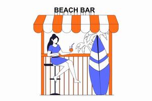 Voyage vacances concept avec gens scène dans plat contour conception. femme en buvant cocktail et relaxant à plage bar sur tropical île station balnéaire. illustration avec ligne personnage situation pour la toile vecteur