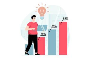 Les données une analyse concept avec gens scène dans plat conception. homme en train d'étudier données à bar graphique, découverte Nouveau solutions et crée rapport en utilisant portable. illustration avec personnage situation pour la toile vecteur