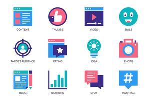 blogueur concept de la toile Icônes ensemble dans Facile plat conception. pack de contenu, les pouces en haut, joueur, sourire, cible public, notation, idée, photo, Blog, statistique, discuter. pictogrammes pour mobile app vecteur
