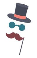 gentilhomme masque dans plat conception. accessoire avec melon chapeau, lunettes, moustache. illustration isolé. vecteur