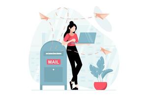 email un service concept avec gens scène dans plat conception. femme fait du La publicité envoi postal à attirer Nouveau les clients en utilisant email client de portable. illustration avec personnage situation pour la toile vecteur