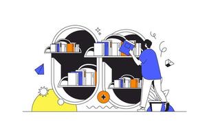 nuage bibliothèque la toile concept dans plat contour conception avec personnage. homme en train de lire livres électroniques et espace de rangement sur portable en utilisant nuage technologie. en ligne éducation et e-learning, gens scène. illustration. vecteur