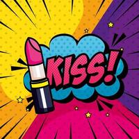 rouge à lèvres et nuage avec style pop art lettrage baiser vecteur