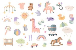 nouveau née bébé articles ensemble avec dessin animé éléments dans plat conception. paquet de enfant jouets, le maillot de corps, nounours ours, sucette, Licorne, hochet, couche, chaussons et autre décor isolé autocollants. illustration vecteur