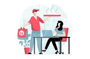 livraison un service concept avec gens scène dans plat conception. homme courrier porter Pizza ordres à client. femme en utilisant le déjeuner livraison à bureau. illustration avec personnage situation pour la toile vecteur