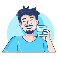 le gars sourit et les boissons l'eau de une verre vecteur