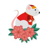 Adorable rat rongeur avec des vêtements chinois et des fleurs vecteur